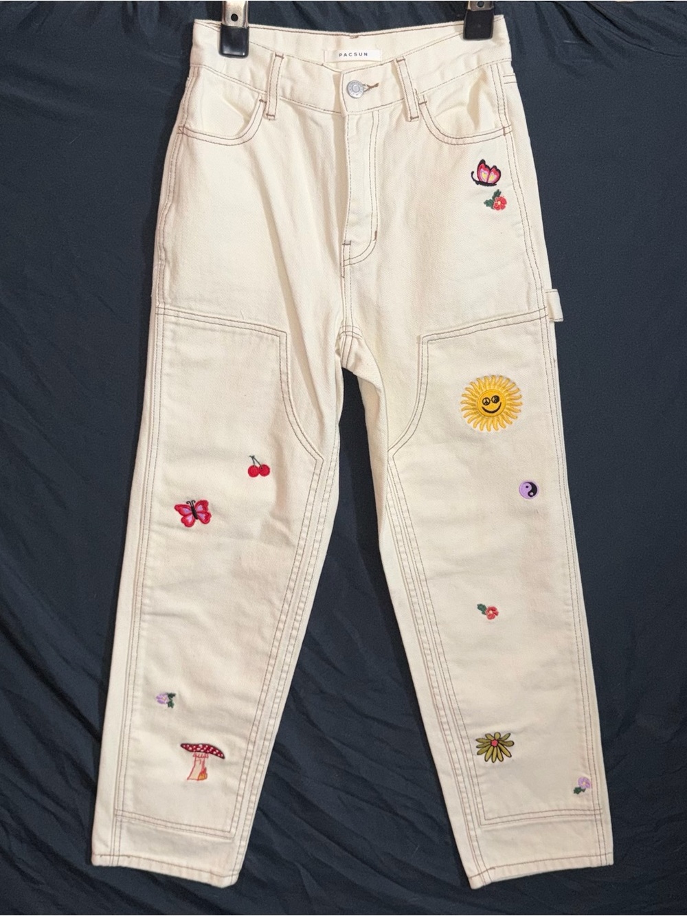 Pacsun High Rise Carpenter Jeans Size 23 Cream Embroidered Hippie Retro Festival